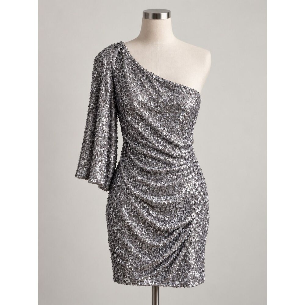 NWT Blaque Label Dress Women L Silver Sequin One Shoulder Party Glam Chic